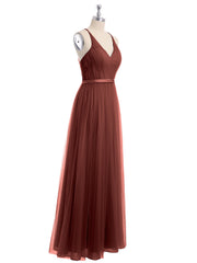 Col En V Tulle Robes Longues Avec Satin Ceinture terracotta Grande Taille