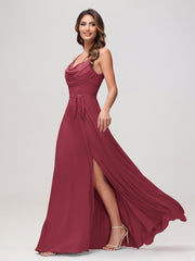 Maxi Robe Sexy en Mousseline Froncée à Col Bénitier avec Fente Cannelle Rose