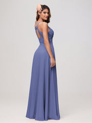 Maxi Robe Sexy en Mousseline Froncée à Col Bénitier avec Fente Pervenche