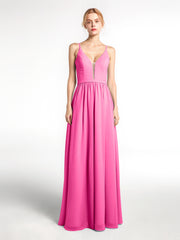 Robe en Mousseline Simple à Bretelles Spaghetti avec Encolure Crantée Azalée