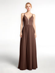 Robe en Mousseline Simple à Bretelles Spaghetti avec Encolure Crantée Chocolat Grande Taille