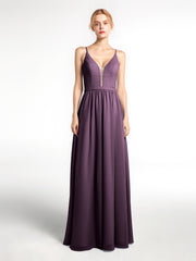 Robe en Mousseline Simple à Bretelles Spaghetti avec Encolure Crantée Plum Grande Taille