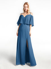 Robe Longue Et Volantée à Épaules Dénudées avec Volants Recouverts Bleu Encre Grande Taille