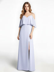 Robe Longue Et Volantée à Épaules Dénudées avec Volants Recouverts Lavande