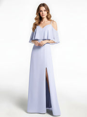 Robe Longue Et Volantée à Épaules Dénudées avec Volants Recouverts Lavande