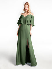 Robe Longue Et Volantée à Épaules Dénudées avec Volants Recouverts Olive Verte