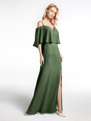Robe Longue Et Volantée à Épaules Dénudées avec Volants Recouverts Olive Verte Grande Taille