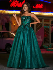 Robe Appliquée Florale en Tulle à Bretelles Spaghetti Vert Foncé