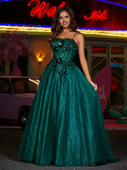 Robe Appliquée Florale en Tulle à Bretelles Spaghetti Vert Foncé