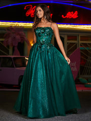 Robe Appliquée Florale en Tulle à Bretelles Spaghetti Vert Foncé Grande Taille