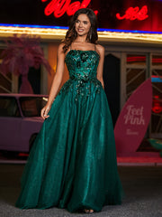 Robe Appliquée Florale en Tulle à Bretelles Spaghetti Vert Foncé