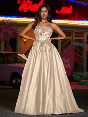 Robe Appliquée Florale en Tulle à Bretelles Spaghetti Champagne Grande Taille