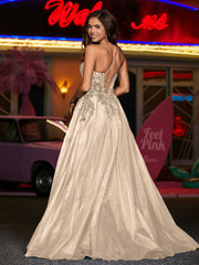 Robe Appliquée Florale en Tulle à Bretelles Spaghetti Champagne