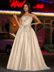 Robe Appliquée Florale en Tulle à Bretelles Spaghetti Champagne Grande Taille