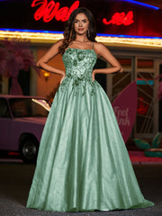 Robe Appliquée Florale en Tulle à Bretelles Spaghetti Sauge Poudrée