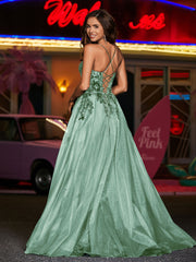 Robe Appliquée Florale en Tulle à Bretelles Spaghetti Sauge Poudrée Grande Taille