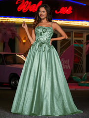 Robe Appliquée Florale en Tulle à Bretelles Spaghetti Sauge Poudrée Grande Taille