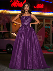 Robe Appliquée Florale en Tulle à Bretelles Spaghetti Raisin Grande Taille