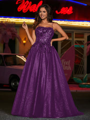 Robe Appliquée Florale en Tulle à Bretelles Spaghetti Raisin
