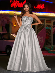 Robe Appliquée Florale en Tulle à Bretelles Spaghetti Argent Grande Taille