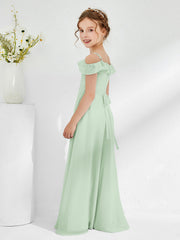 Robes de Demoiselle d'Honneur Junior en Mousseline à A-ligne Hors de l'Épaule Sauge Poudrée