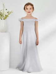 Robes de Demoiselle d'Honneur Junior en Mousseline à A-ligne Hors de l'Épaule Argent