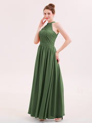 Robe Demoiselle d'honneur Licou Mousseline Longue avec Ceinture Olive Verte