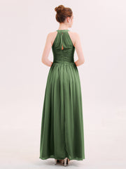 Robe Demoiselle d'honneur Licou Mousseline Longue avec Ceinture Olive Verte