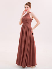 Robe Demoiselle d'honneur Licou Mousseline Longue avec Ceinture terracotta
