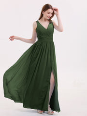 Robe avec Bretelle Double Perlée Mousseline avec Col en V Olive Verte Grande Taille