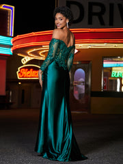 Robe Sirène en Satin avec Manches Longues Hors de l'Épaule Vert Foncé