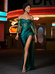 Robe Sirène en Satin avec Manches Longues Hors de l'Épaule Vert Foncé