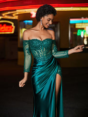 Robe Sirène en Satin avec Manches Longues Hors de l'Épaule Vert Foncé