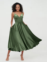 Robes Mi-Longues en Velours à Bretelles Spaghetti avec Poches Olive Verte Grande Taille