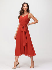 Spaghetti Bretelle Longueur De Mollet Robe Avec Ceinture Nœud Rouille