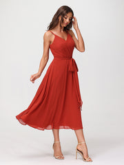 Spaghetti Bretelle Longueur De Mollet Robe Avec Ceinture Nœud Rouille