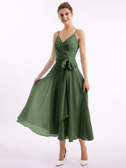 Spaghetti Bretelle Longueur De Mollet Robe Avec Ceinture Nœud Olive Verte Grande Taille