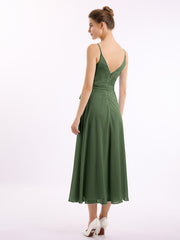 Spaghetti Bretelle Longueur De Mollet Robe Avec Ceinture Nœud Olive Verte Grande Taille