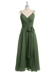 Spaghetti Bretelle Longueur De Mollet Robe Avec Ceinture Nœud Olive Verte