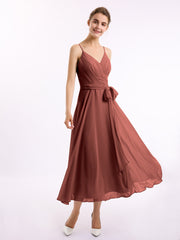 Spaghetti Bretelle Longueur De Mollet Robe Avec Ceinture Nœud terracotta Grande Taille
