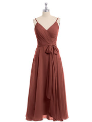 Spaghetti Bretelle Longueur De Mollet Robe Avec Ceinture Nœud terracotta
