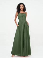 Robes Maxi en Mousseline à Encolure Carrée avec Poches Olive Verte Grande Taille