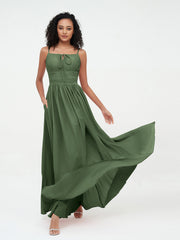 Robes Maxi en Mousseline à Encolure Carrée avec Poches Olive Verte Grande Taille
