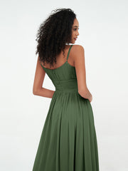 Robes Maxi en Mousseline à Encolure Carrée avec Poches Olive Verte Grande Taille