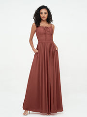 Robes Maxi en Mousseline à Encolure Carrée avec Poches terracotta Grande Taille
