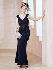 Robe à Col V en Crêpe Extensible avec Paillettes Noir Grande Taille