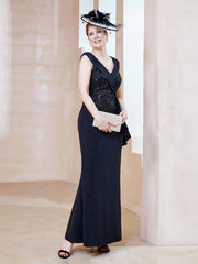 Robe à Col V en Crêpe Extensible avec Paillettes Noir