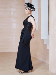Robe à Col V en Crêpe Extensible avec Paillettes Noir Grande Taille