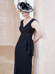 Robe à Col V en Crêpe Extensible avec Paillettes Noir