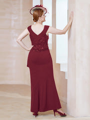 Robe à Col V en Crêpe Extensible avec Paillettes Bordeaux Grande Taille
